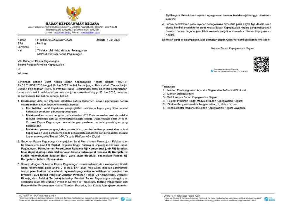 BKN Blokir Layanan Kepegawaian Papua Pegunungan